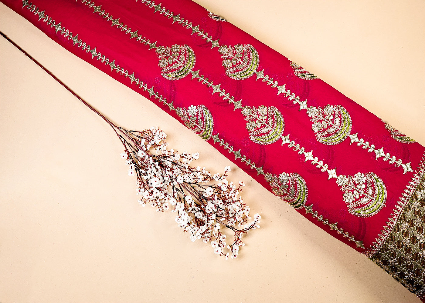 Rani Pink Georgette Fabric With All Over Gota Patti, Thread And Sequins Work With One Side Heavy Border 16391