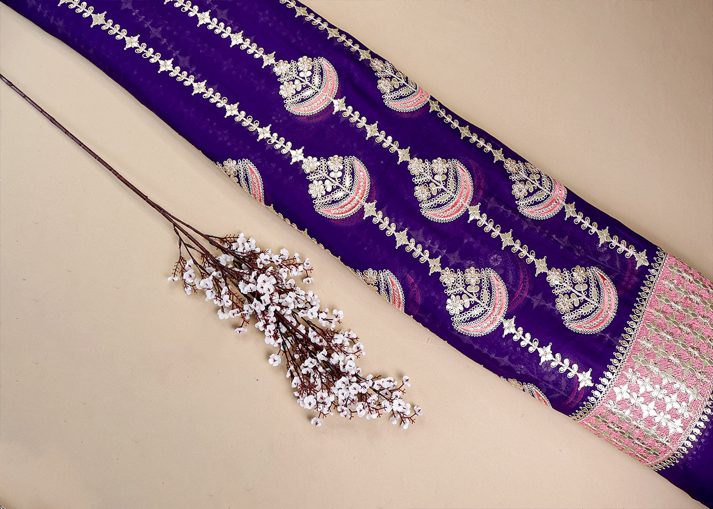 Purple Georgette Fabric With All Over Gota Patti, Thread And Sequins Work With One Side Heavy Border 16392