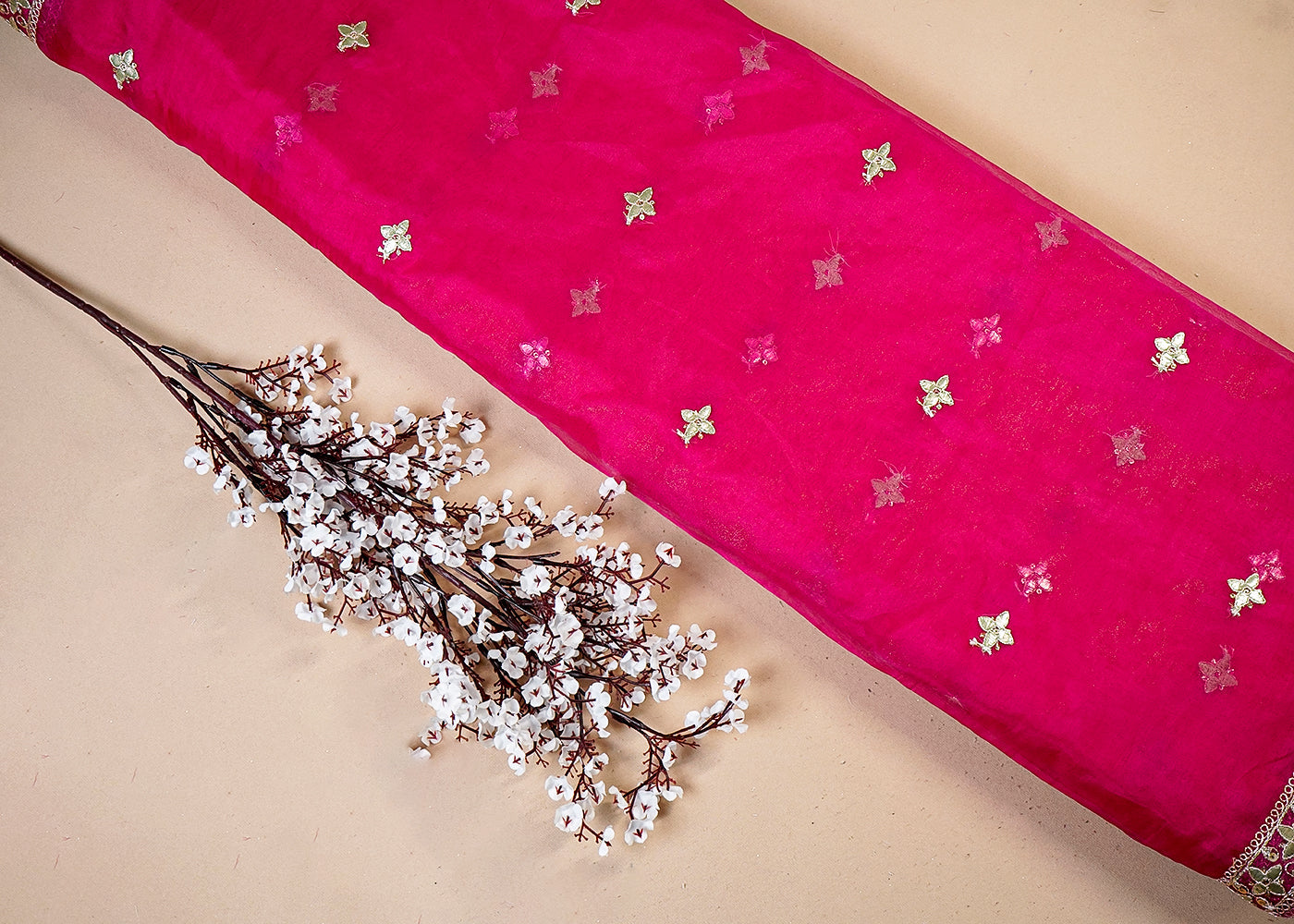 Rani Organza Dupatta Fabric With All Over Gota Patti And Sequins Work And Two Side Border 16393