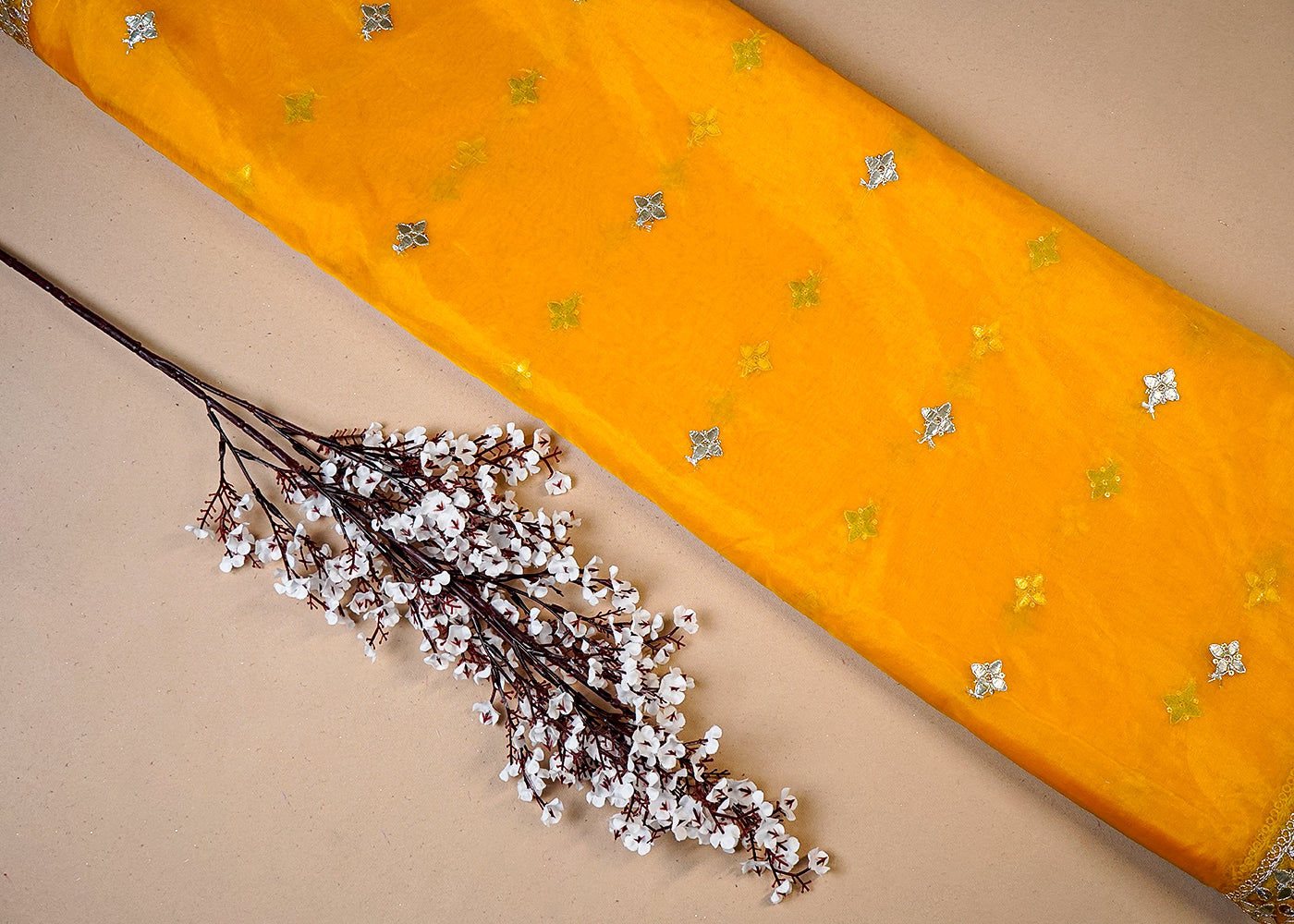 Yellow Organza Dupatta Fabric With All Over Gota Patti And Sequins Work And Two Side Border 16394