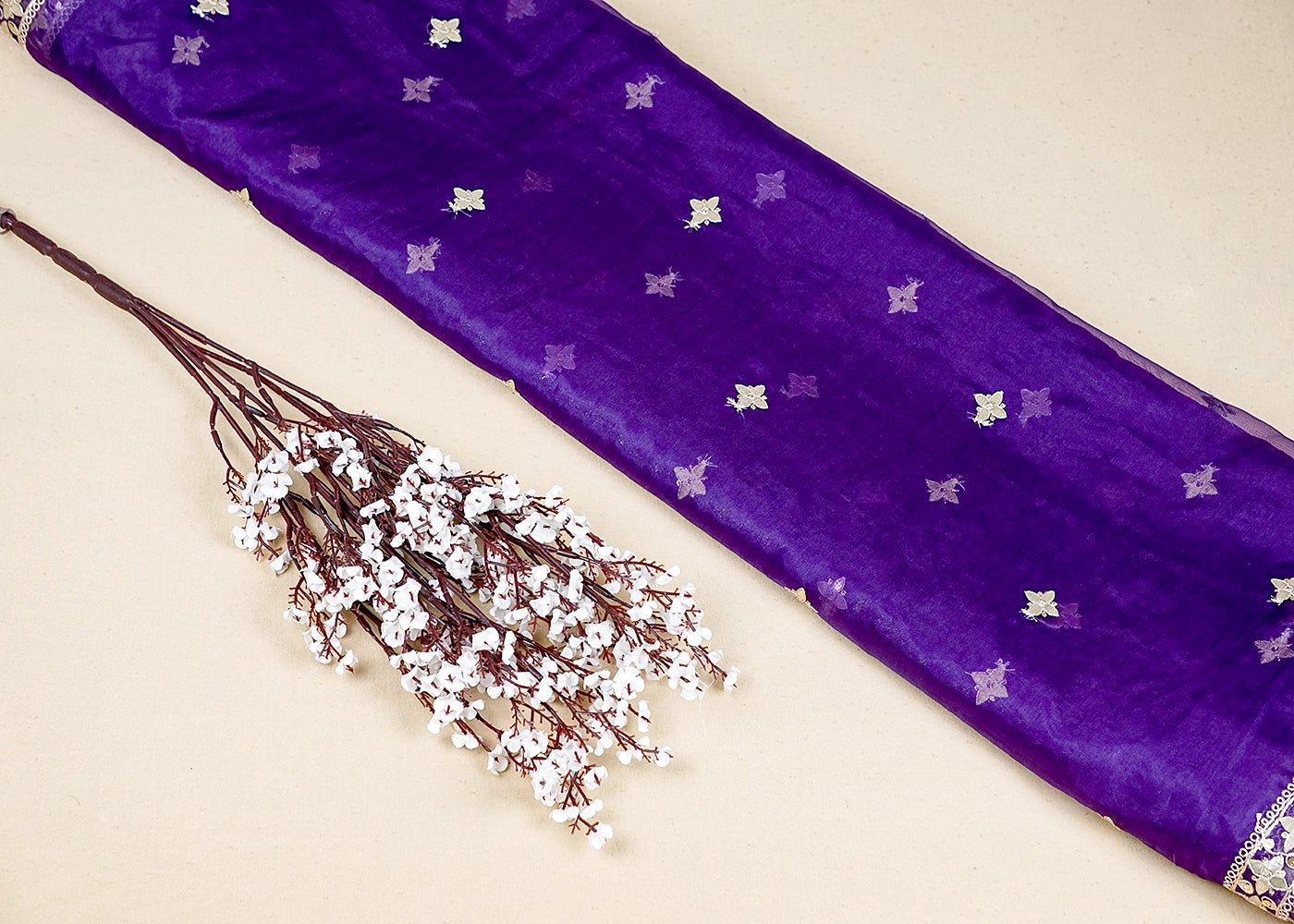 Purple Organza Dupatta Fabric With All Over Gota Patti And Sequins Work And Two Side Border 16395