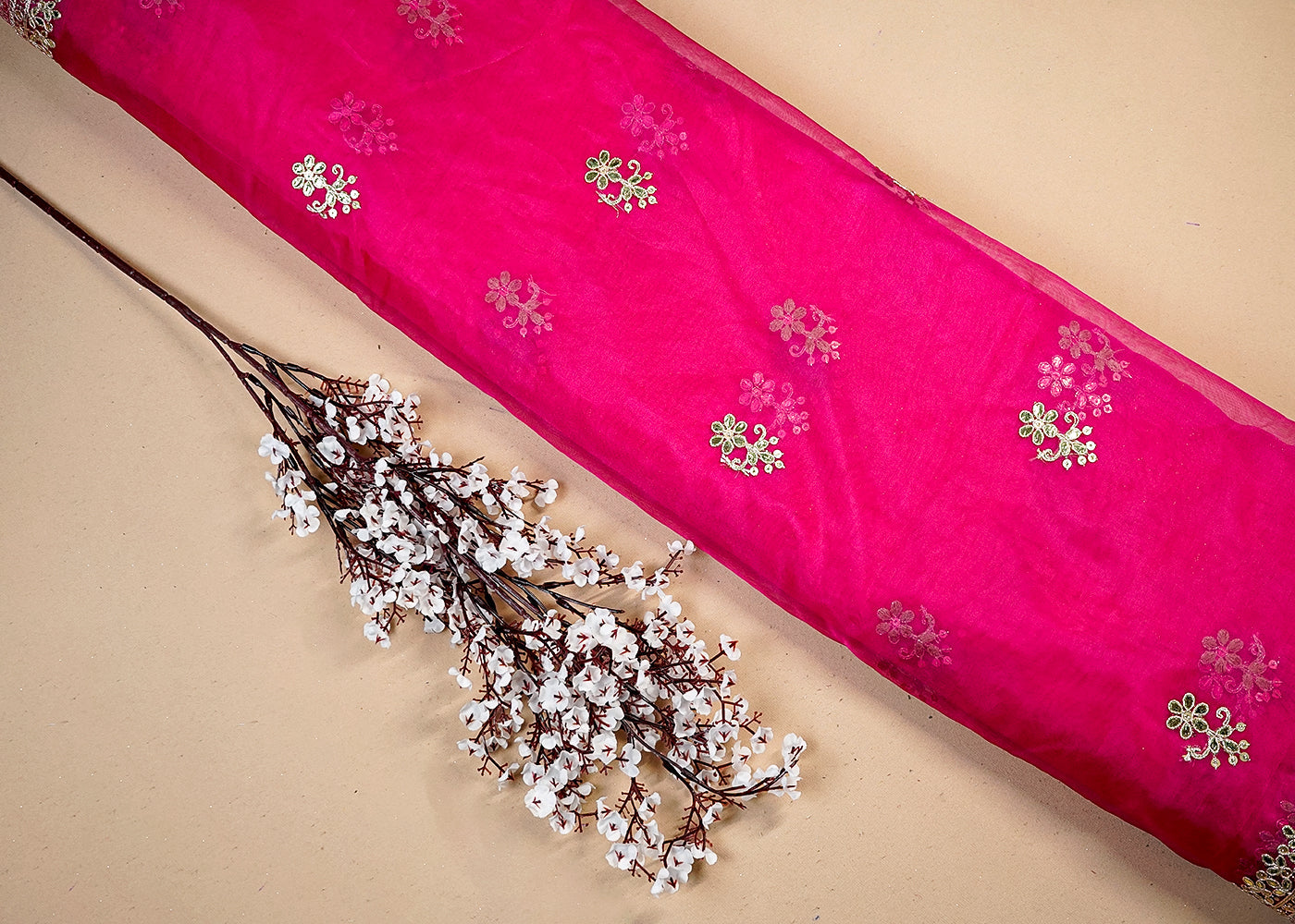 Rani Organza Dupatta Fabric With All Over Gota Patti And Sequins Work And Two Side Border 16397