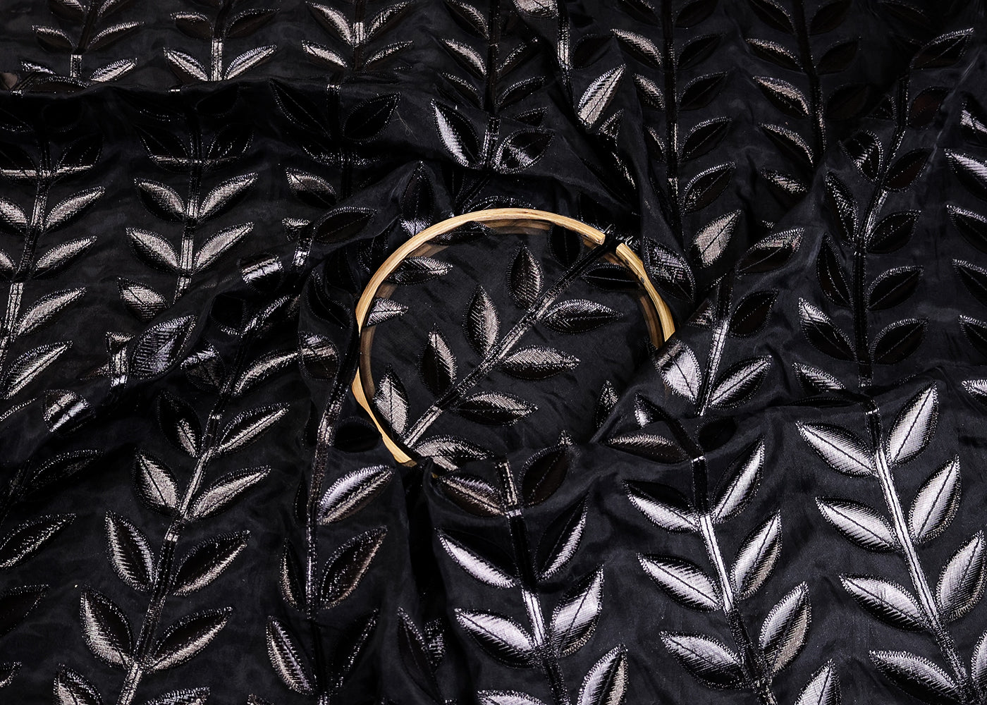 Black Organza Fabric With All Over Leaves Of Foil And Threadwork 16399
