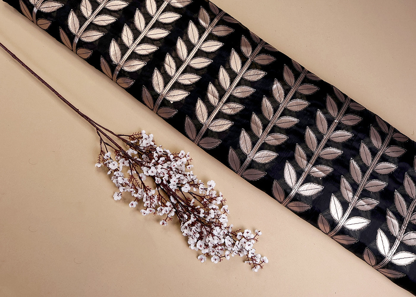 Rose Gold Organza Fabric With All Over Leaves Of Foil And Threadwork 16400