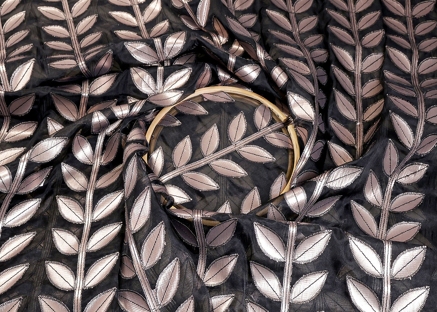 Rose Gold Organza Fabric With All Over Leaves Of Foil And Threadwork 16400