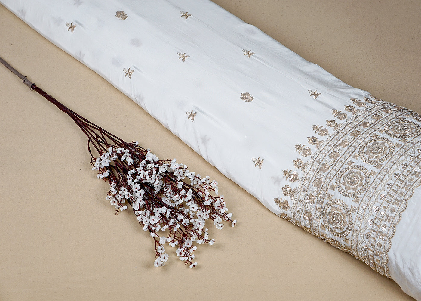 White Crepe Fabric With All Over Buti Of Katdana, Zari, Sequins And One Side Heavy Border 16401