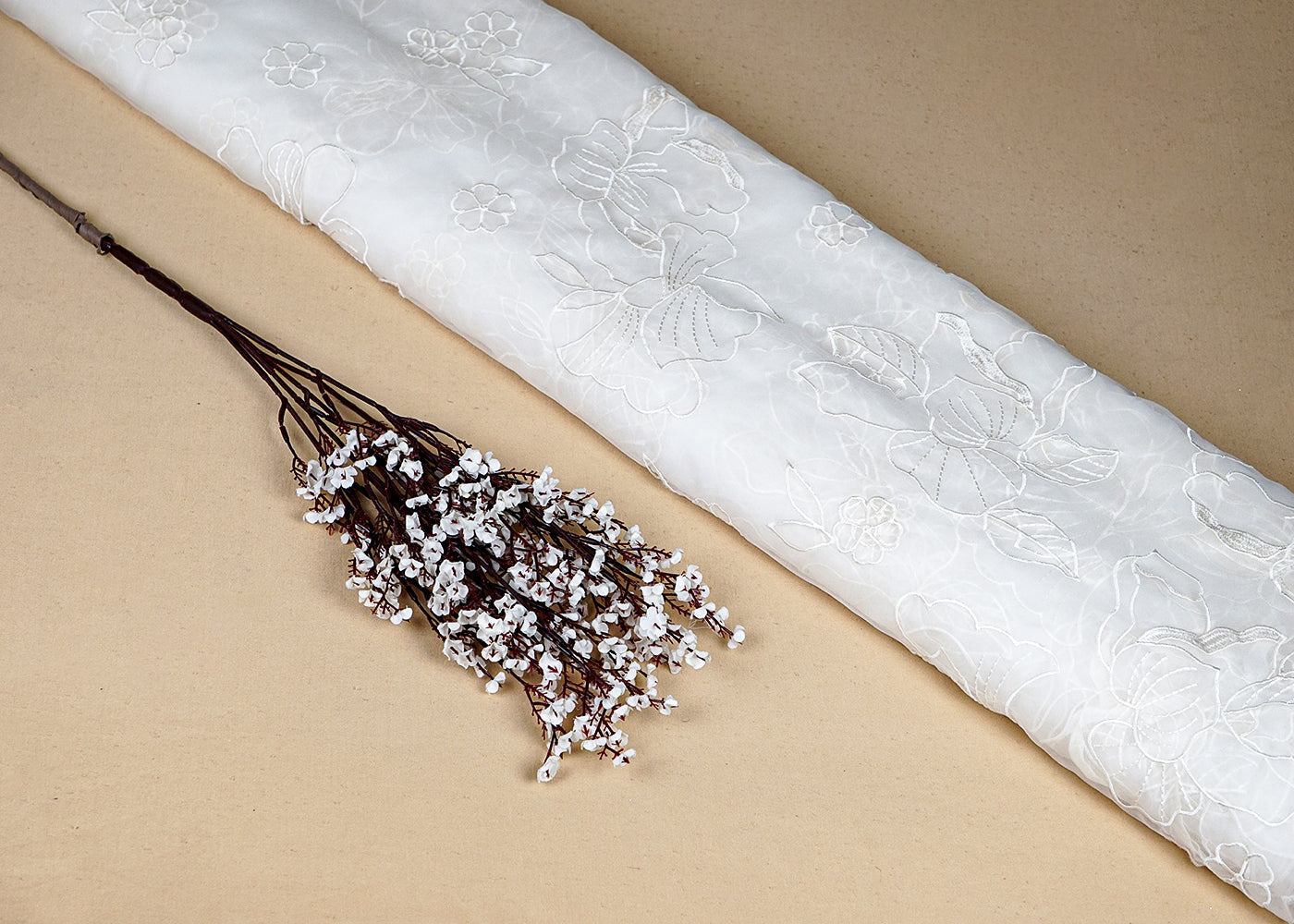 White Organza Fabric With All Over Thread And Cutwork 16402