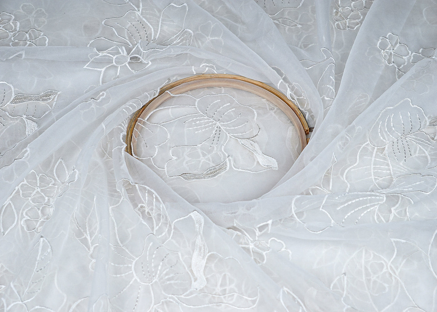 White Organza Fabric With All Over Thread And Cutwork 16402