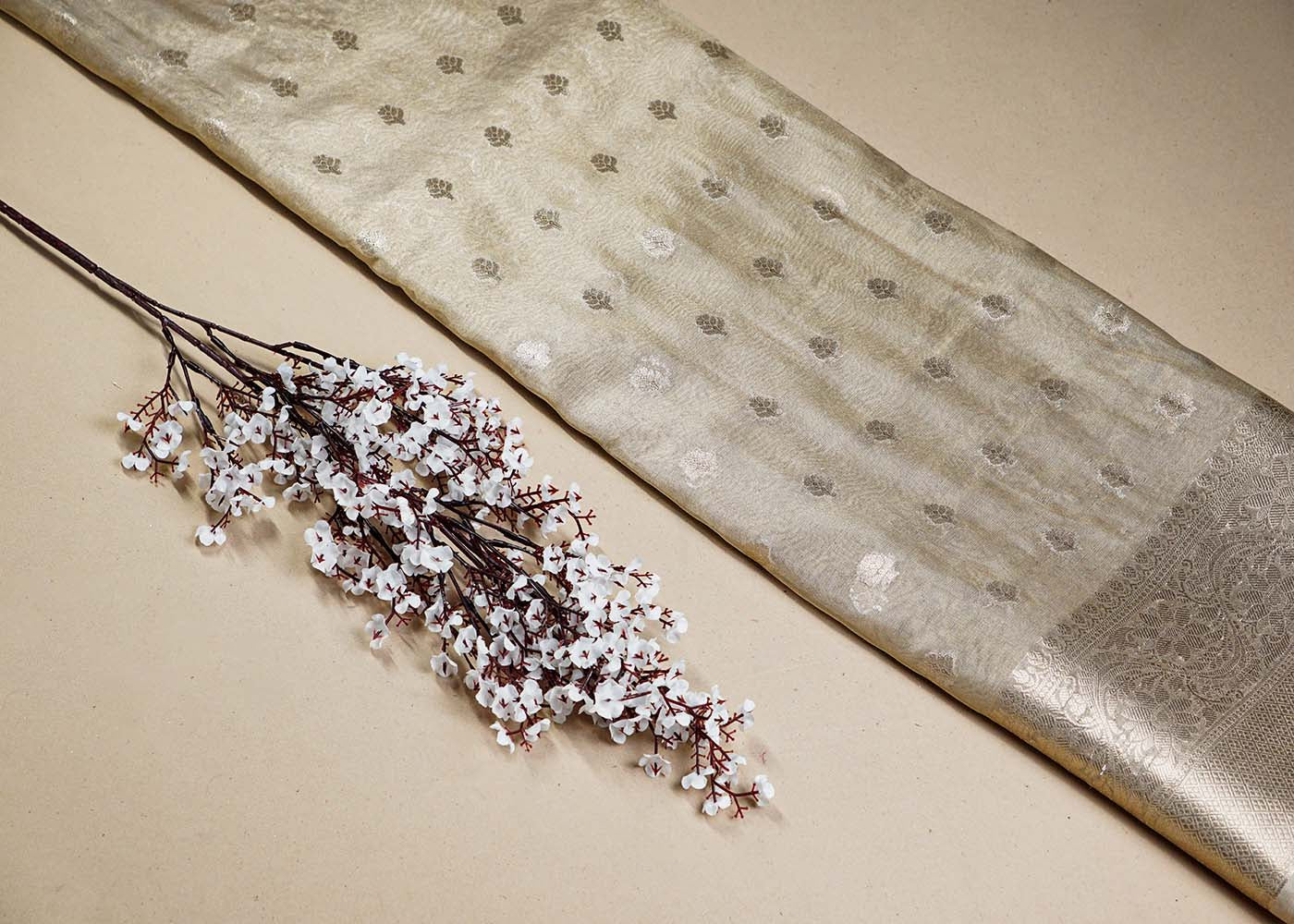 Golden Organza Fabric With All Over Zari Handloom With One Side Heavy Border 16410