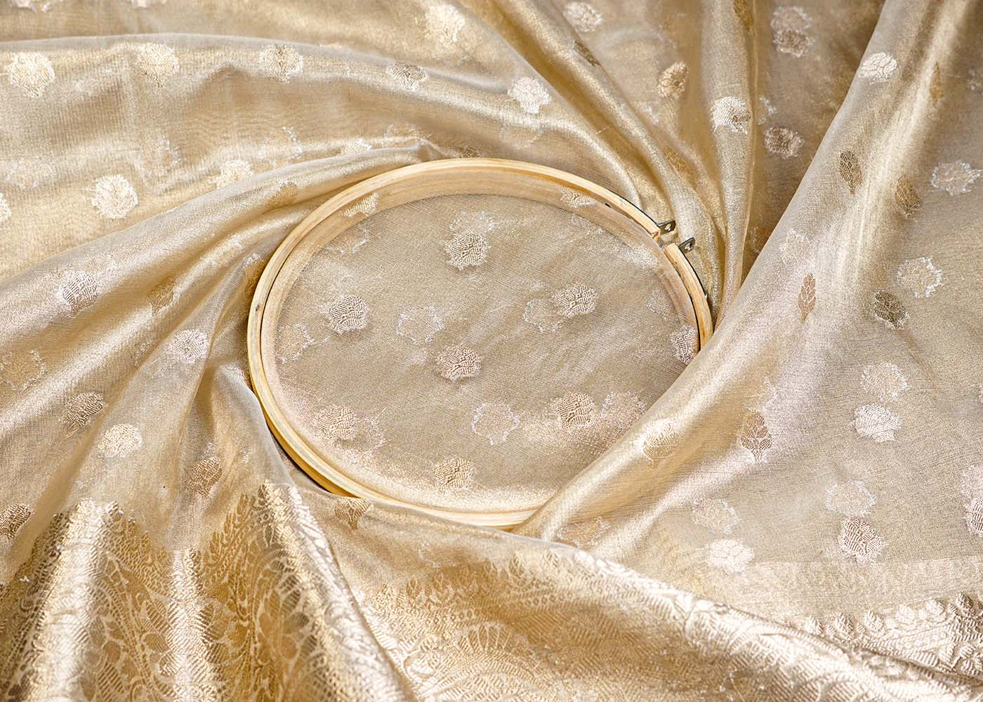 Golden Organza Fabric With All Over Zari Handloom With One Side Heavy Border 16410