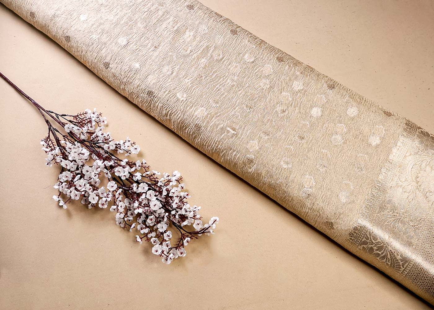 Golden Tissue Fabric With All Over Buti Of Sequins, Katdana And Bead Work 16413