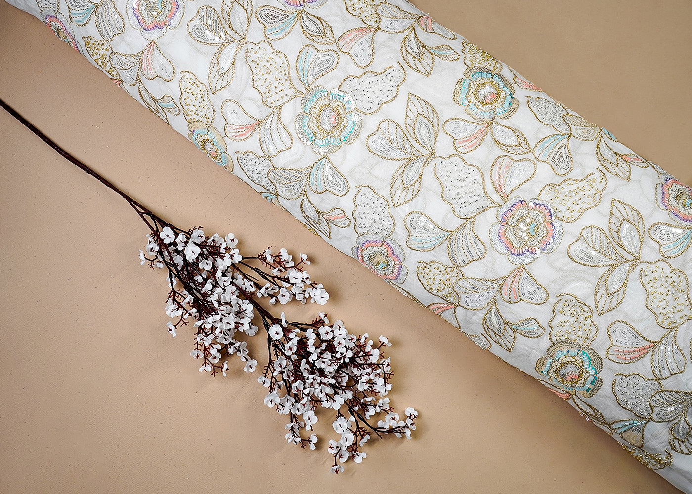 White Georgette Fabric With All Over Katdana, Sequins And Zari Work 16417