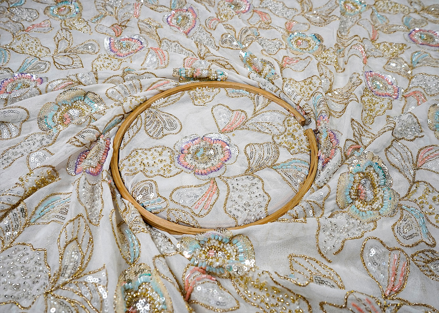 White Georgette Fabric With All Over Katdana, Sequins And Zari Work 16417