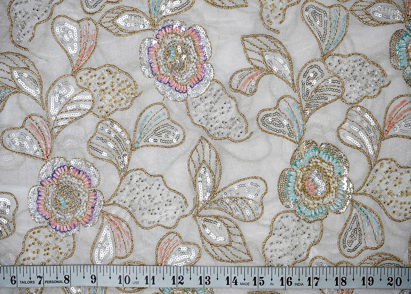 White Georgette Fabric With All Over Katdana, Sequins And Zari Work 16417
