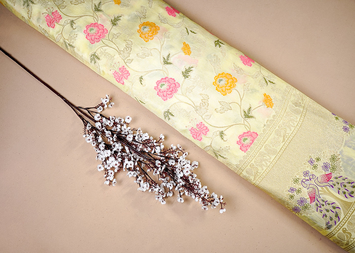 Lemon Yellow Upada Silk Fabric With All Over Floral Print And Zari Work With One Side Heavy Border 16418