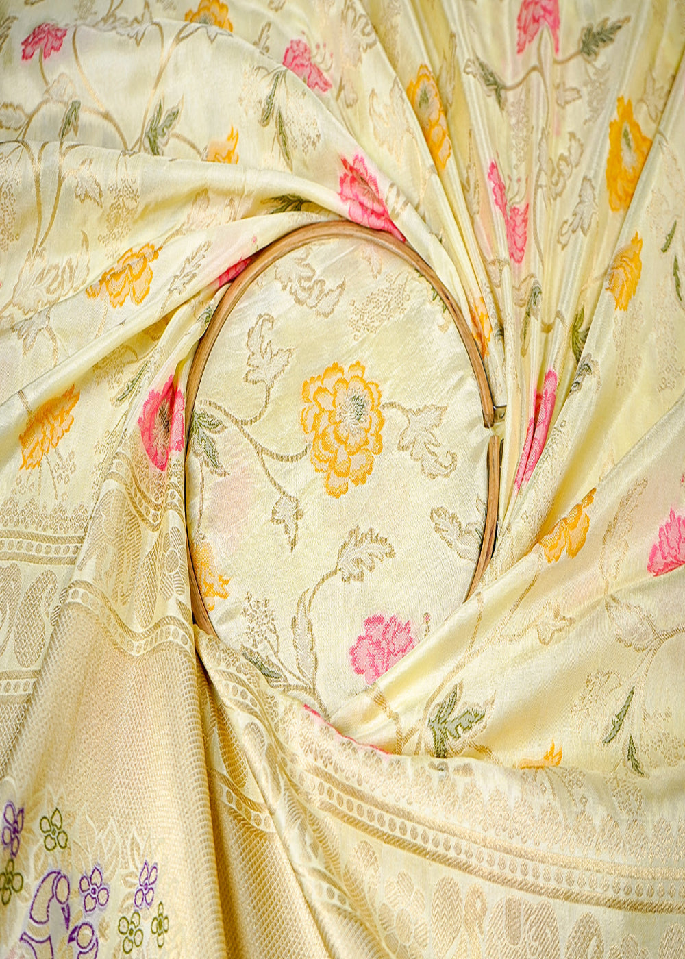 Lemon-Yellow-Silk-Fabric-With-All-Over-Floral-Print-And-Zari-Work-With-One-Side-Heavy-Border-16418-close-view