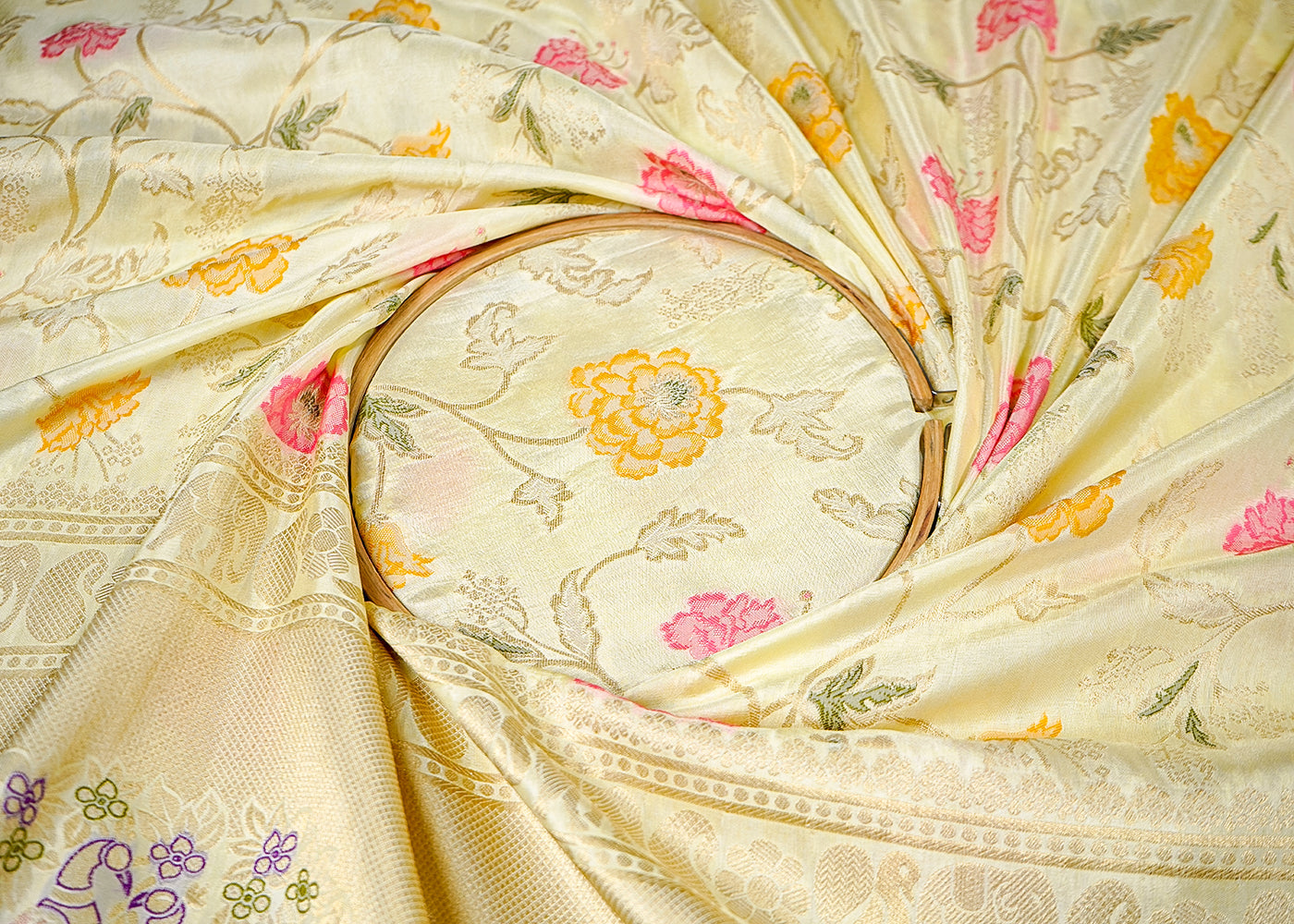 Lemon Yellow Upada Silk Fabric With All Over Floral Print And Zari Work With One Side Heavy Border 16418