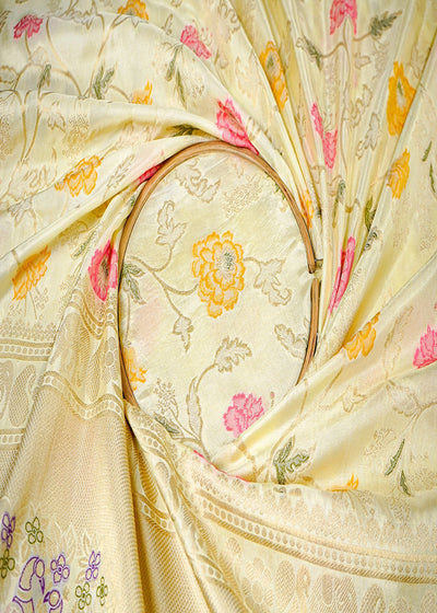 Lemon Yellow Silk Fabric With All Over Floral Print And Zari Handloom With One Side Heavy Border 16418