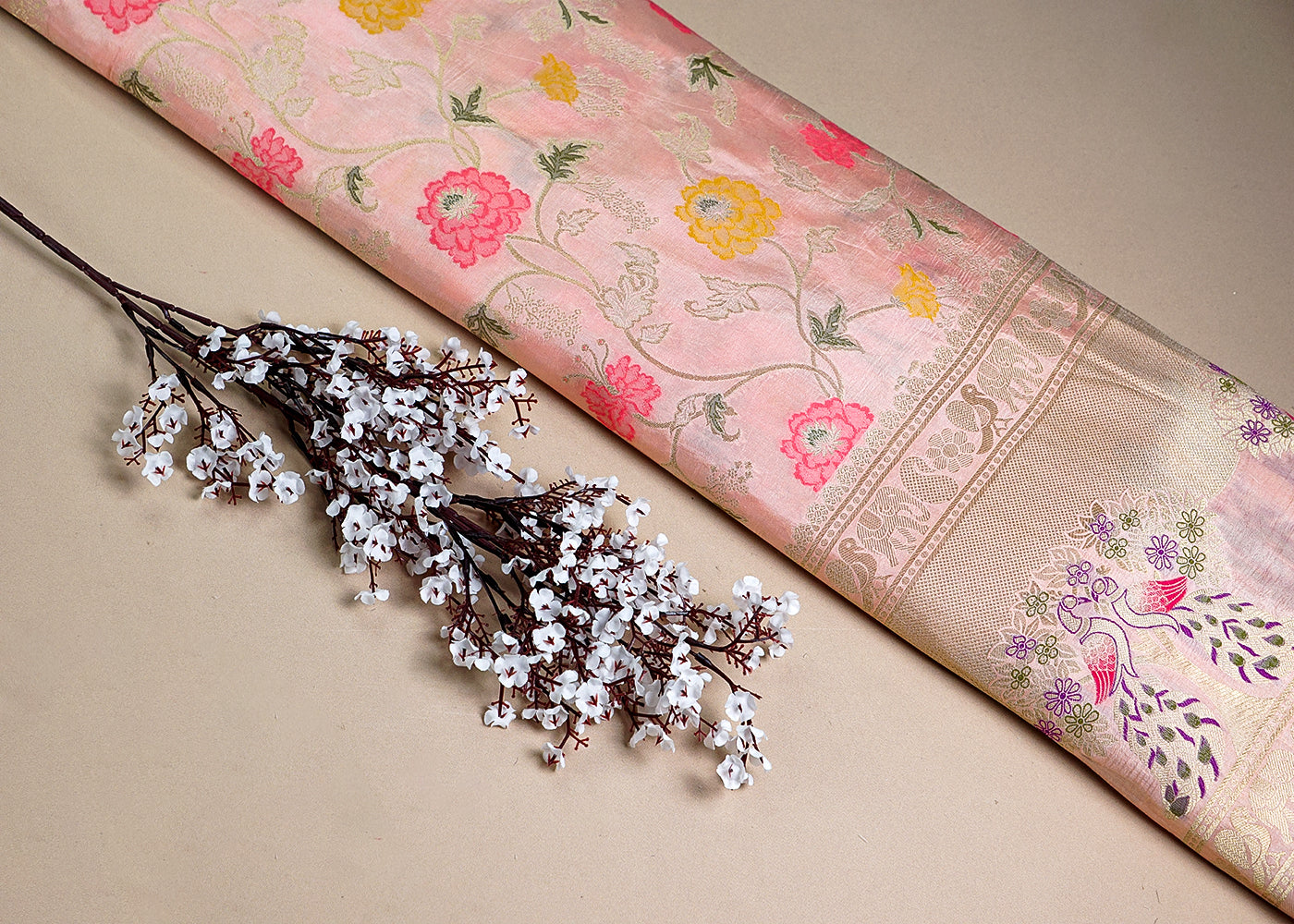 Peach Upada Silk Fabric With All Over Floral Print And Zari Work With One Side Heavy Border 16420