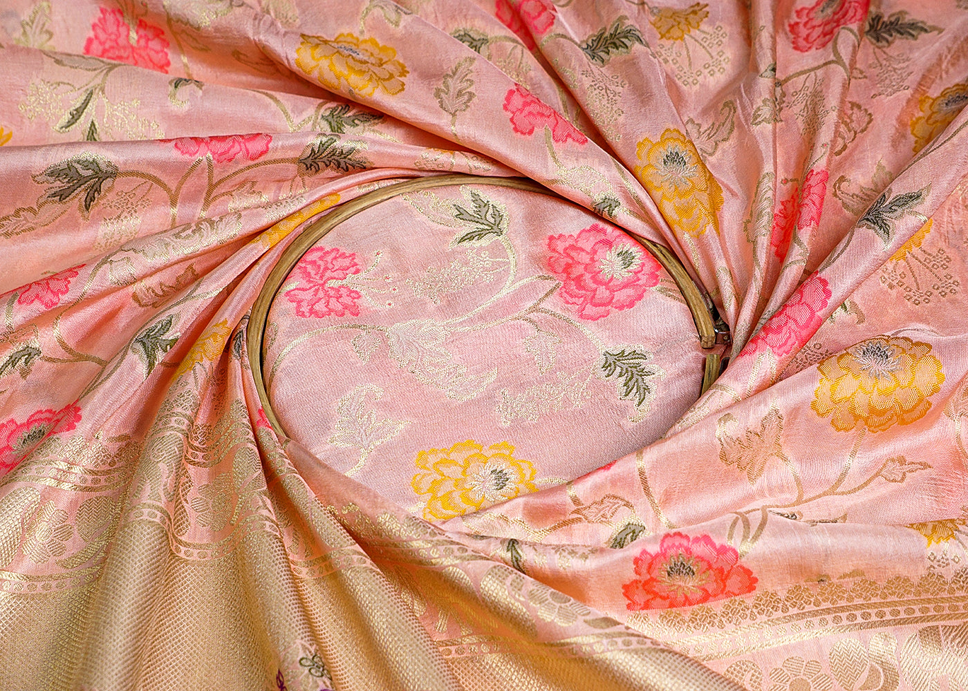 Peach Upada Silk Fabric With All Over Floral Print And Zari Work With One Side Heavy Border 16420