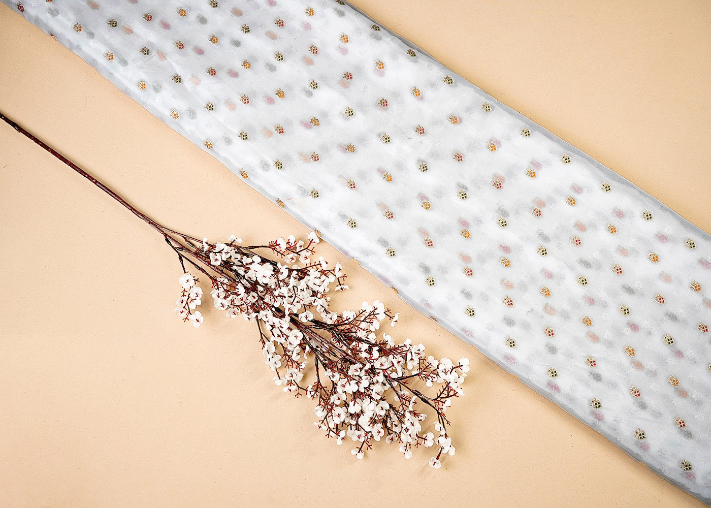 White Upada Silk Fabric With All Over Thread And Zari Work 16421