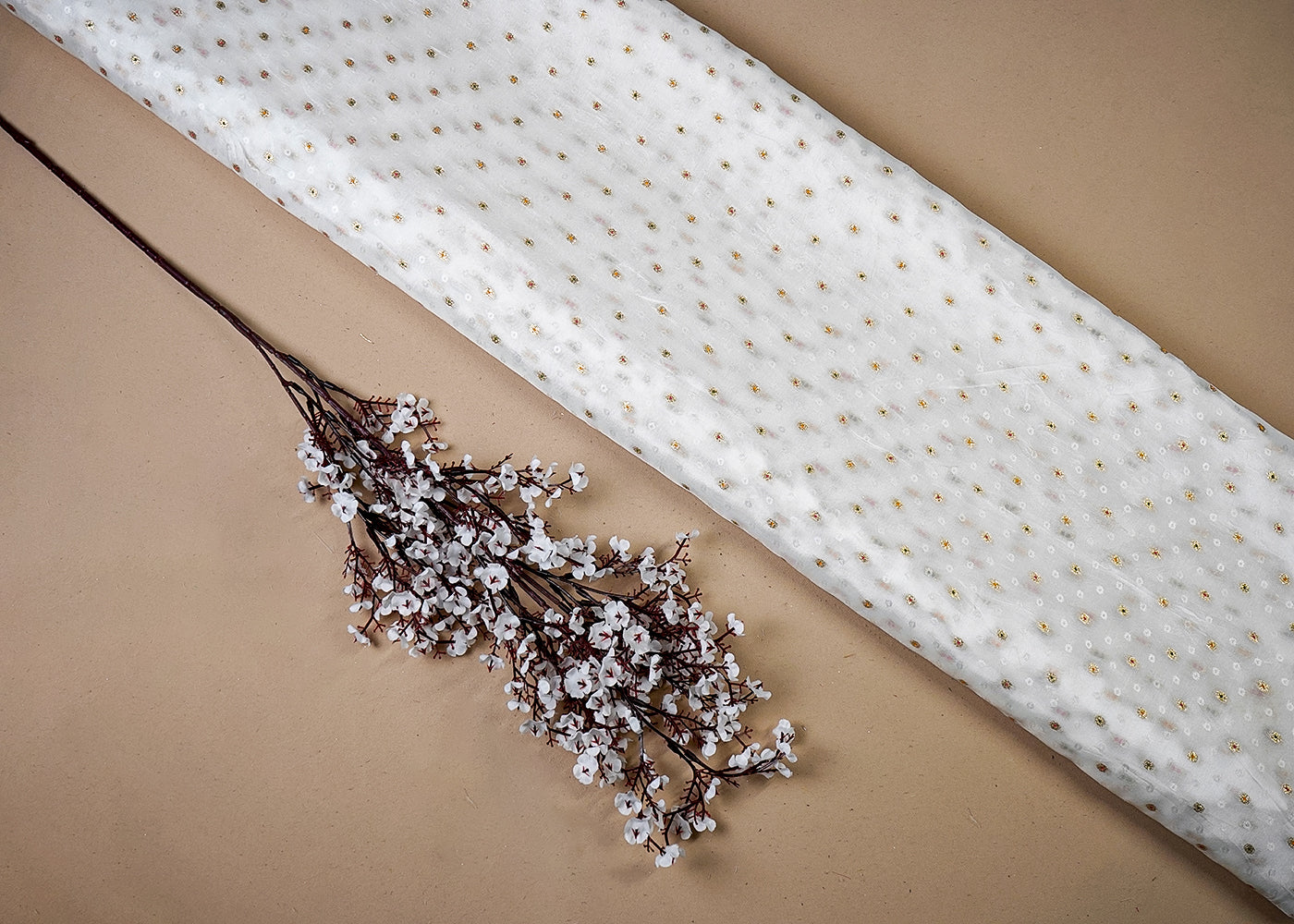 White Upada Silk Fabric With All Over Thread And Zari Work 16422