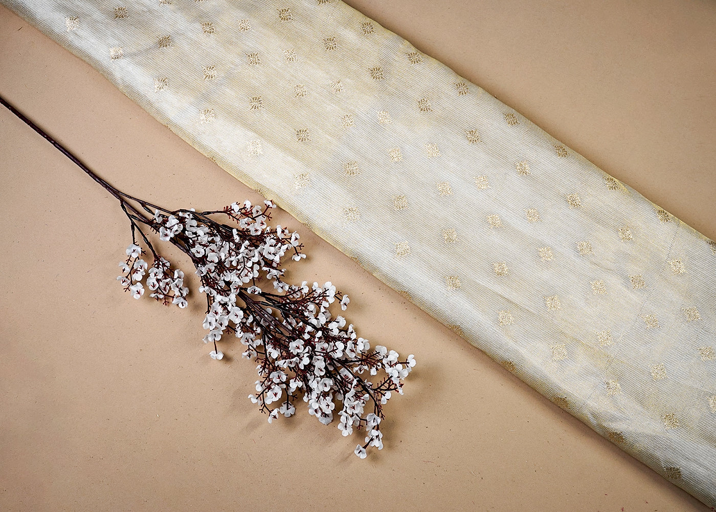 Golden Tissue Fabric With All Over Golden Zari Handloom 16426