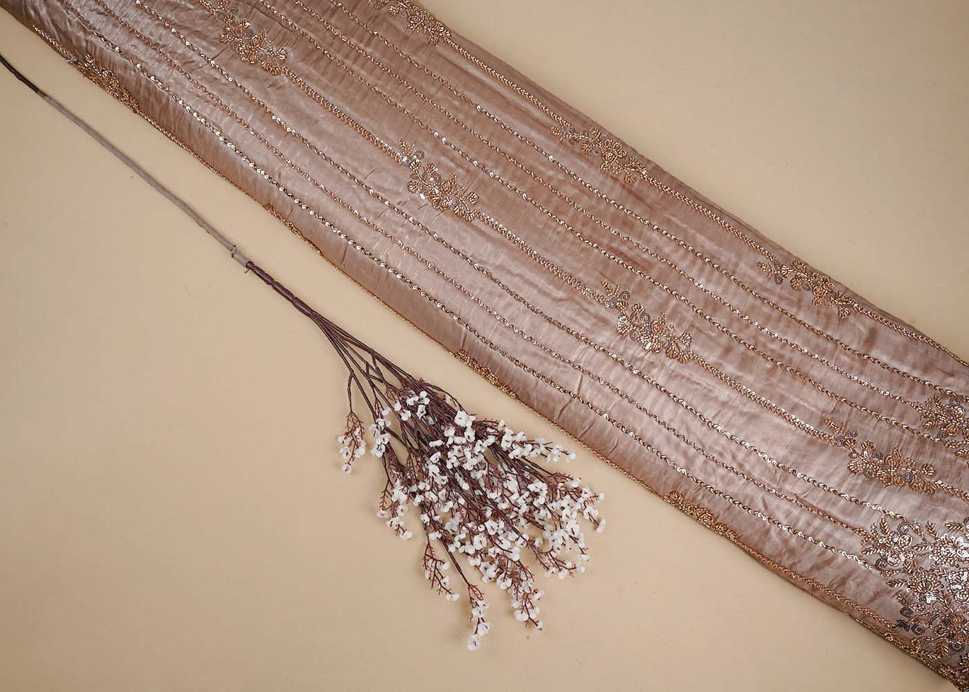 Golden Imported Organza Satin Fabric With All Over Sequins, Katdana And Bead Work With One Side Heavy Border 16430