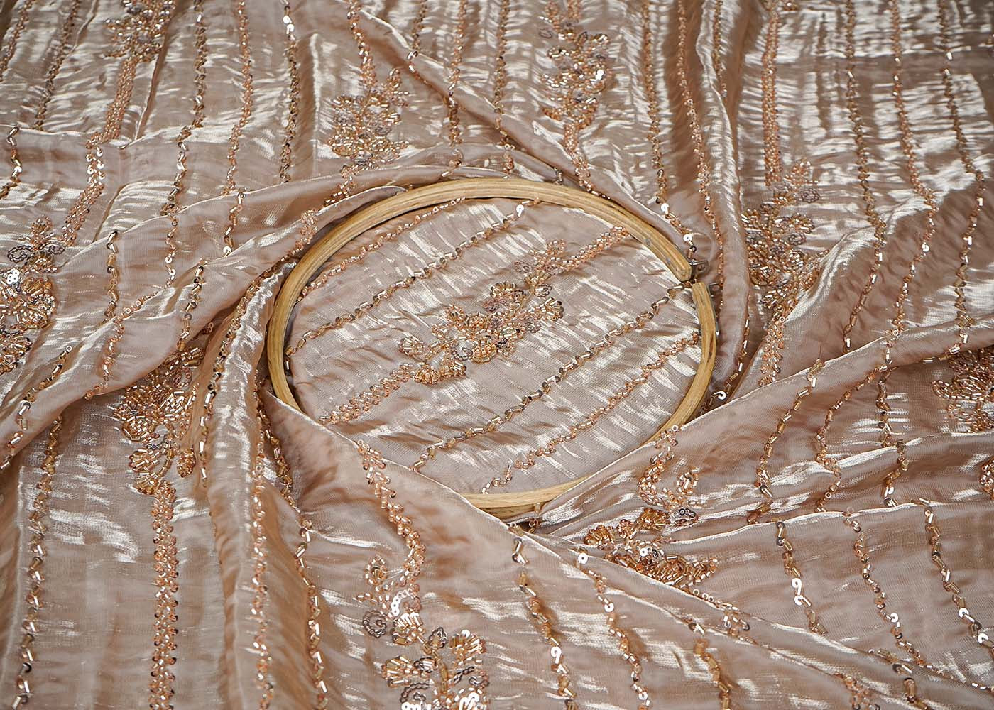 Golden Imported Organza Satin Fabric With All Over Sequins, Katdana And Bead Work With One Side Heavy Border 16430