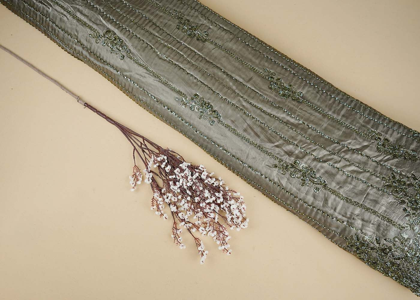 Olive Green Imported Organza Satin Fabric With All Over Sequins, Katdana And Bead Work With One Side Heavy Border 16431