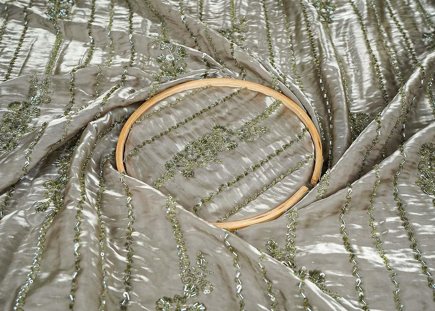 Olive Green Imported Organza Satin Fabric With All Over Sequins, Katdana And Bead Work With One Side Heavy Border 16431