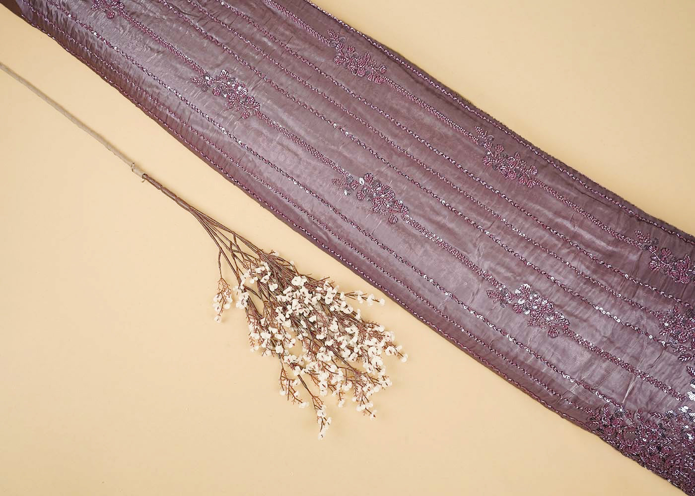 Blush Pink Imported Organza Satin Fabric With All Over Sequins, Katdana And Bead Work With One Side Heavy Border 16432