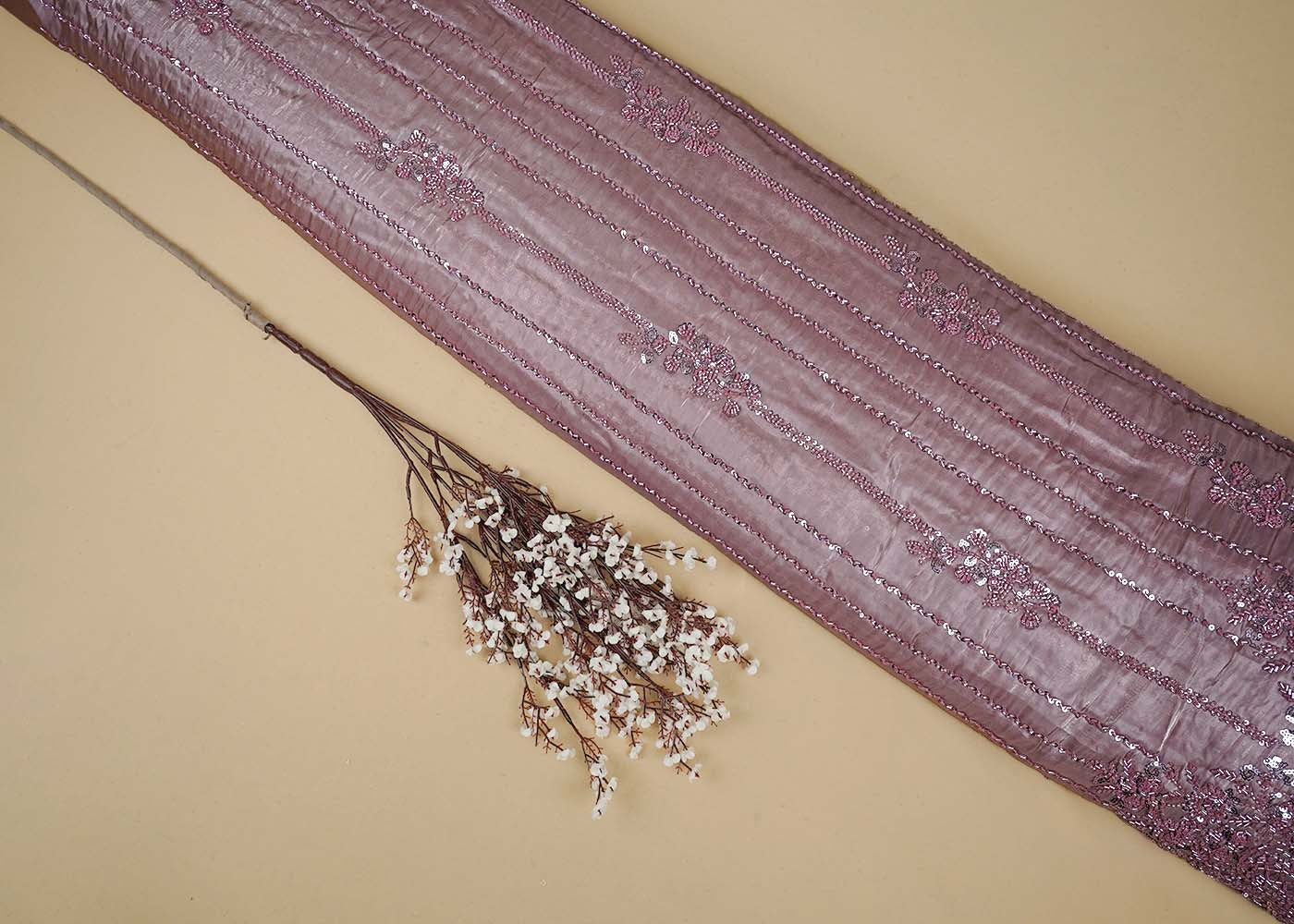 Blush Pink Imported Organza Satin Fabric With All Over Sequins, Katdana And Bead Work With One Side Heavy Border 16432