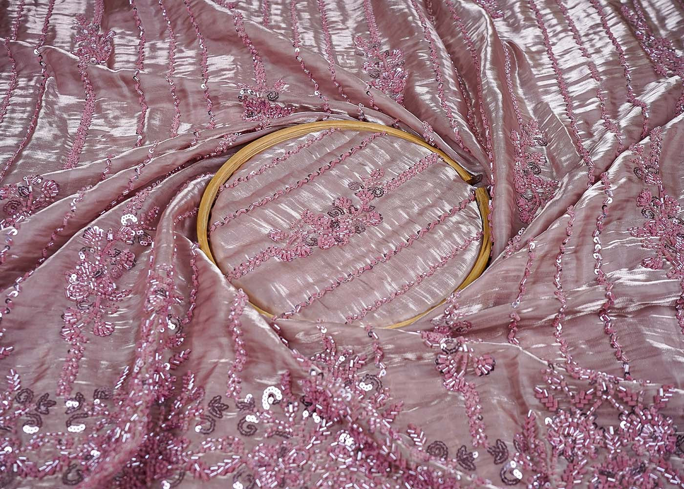 Blush Pink Imported Organza Satin Fabric With All Over Sequins, Katdana And Bead Work With One Side Heavy Border 16432