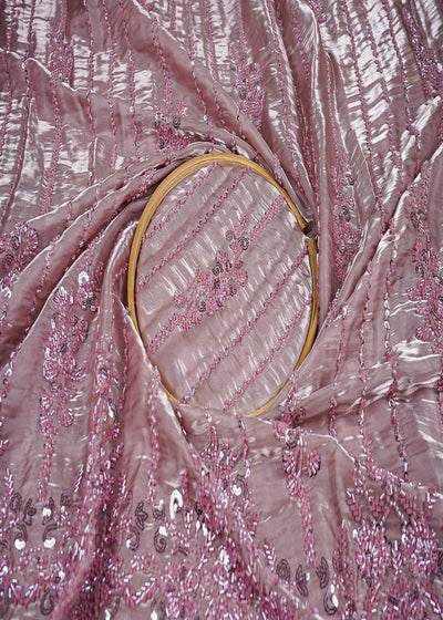 Blush Pink Imported Organza Satin Fabric With All Over Sequins, Katdana And Bead Work With One Side Heavy Border 16432