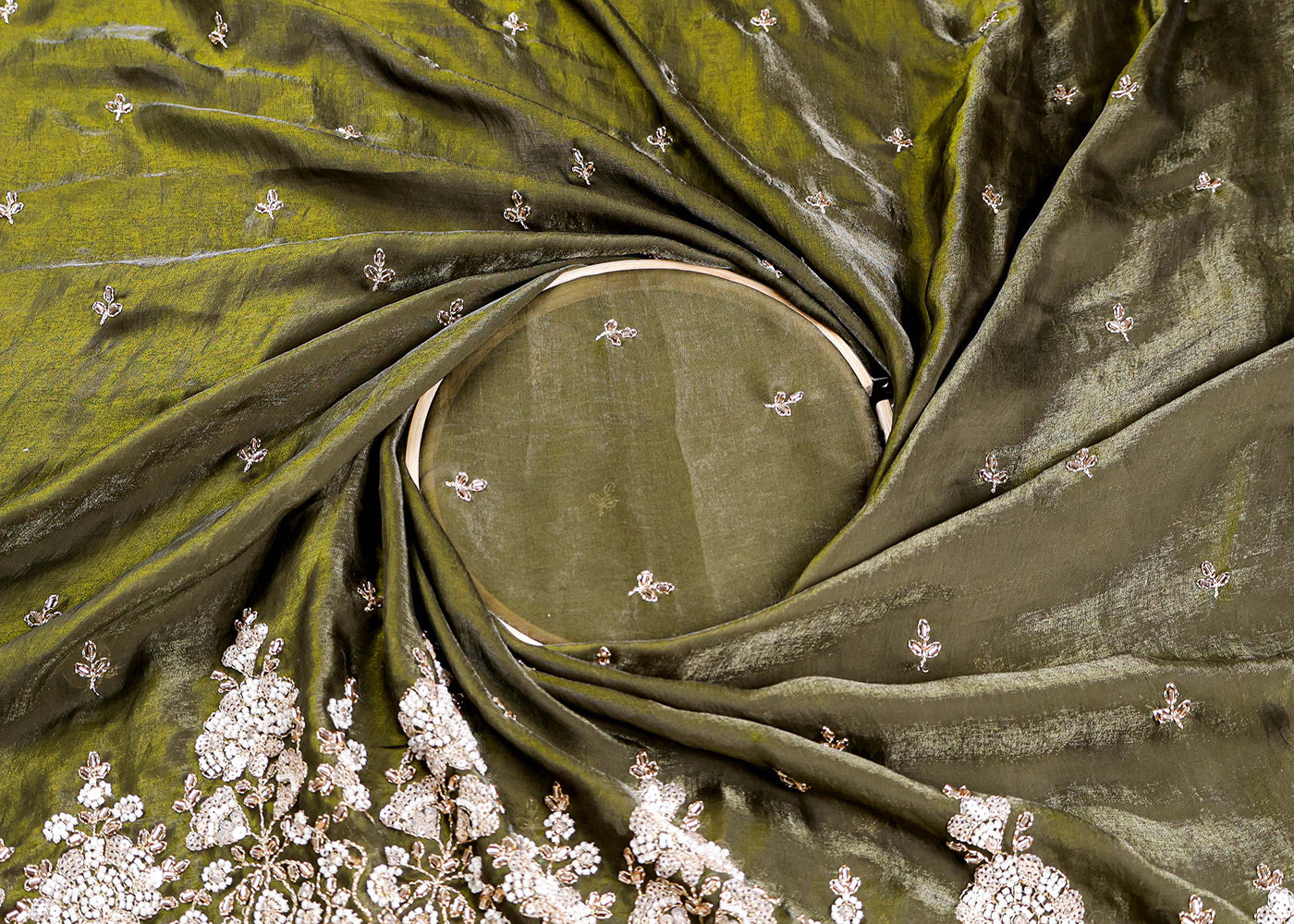 Mehendi Green Diamond Silk Fabric With All Over Zari Sequins, Katdana And Bead Work With One Side Scalloped Border 16434