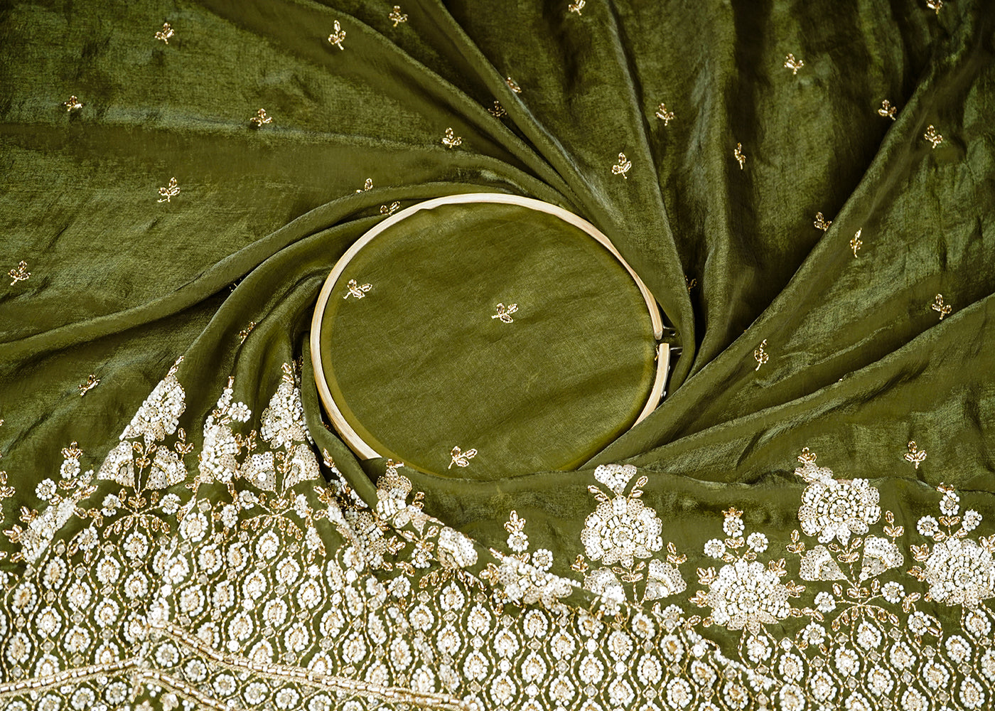 Mehendi Green Diamond Silk Fabric With All Over Zari Sequins, Katdana And Bead Work With One Side Scalloped Border 16434