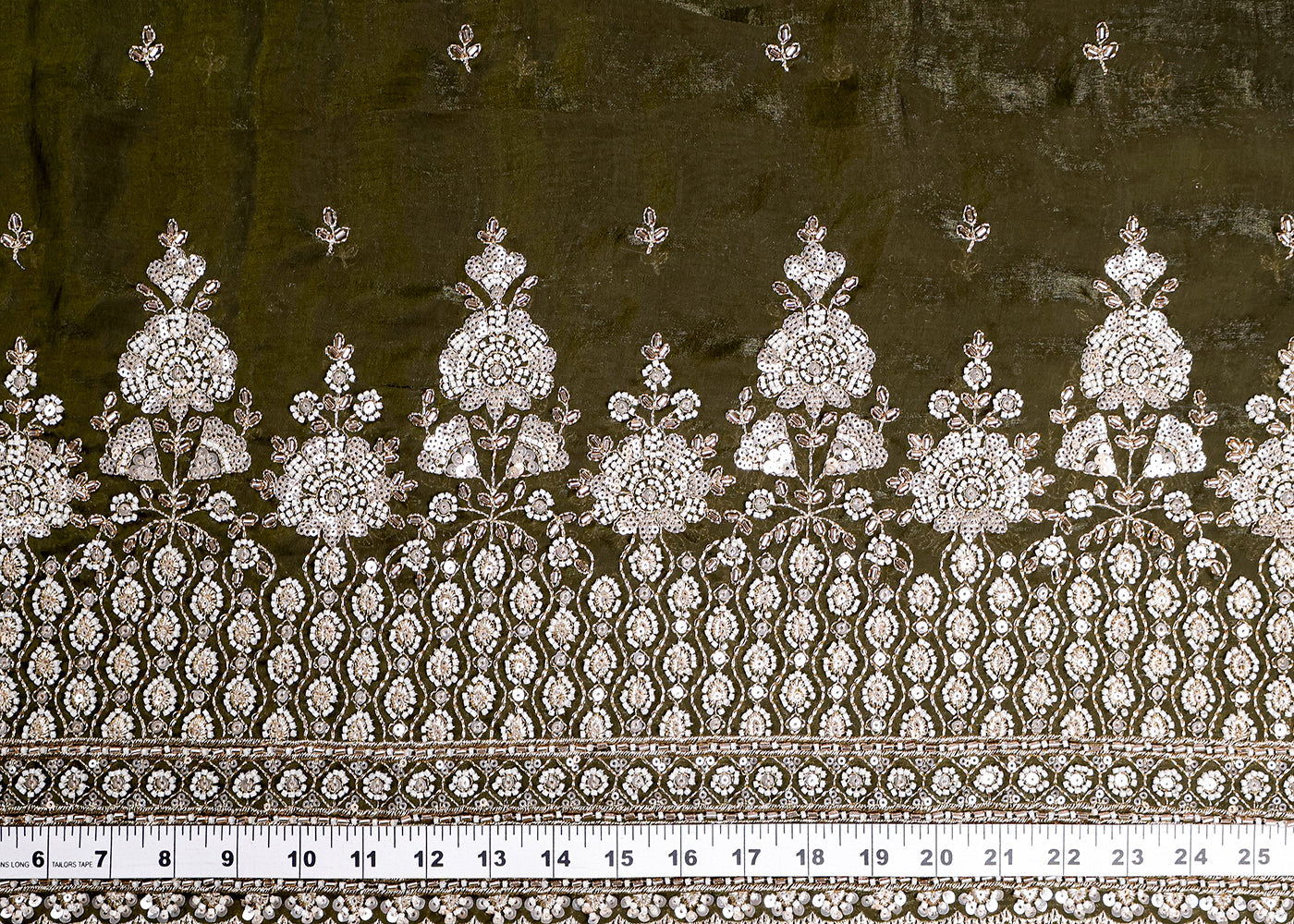 Mehendi Green Diamond Silk Fabric With All Over Zari Sequins, Katdana And Bead Work With One Side Scalloped Border 16434