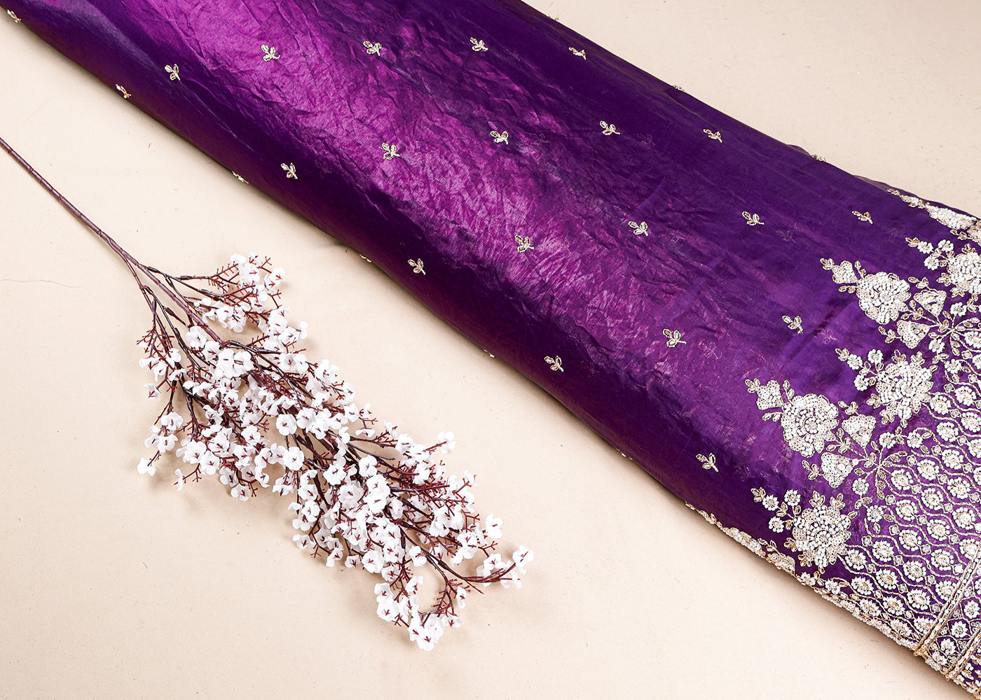 Purple Diamond Silk Fabric With All Over Zari Sequins, Katdana And Bead Work With One Side Scalloped Border 16435