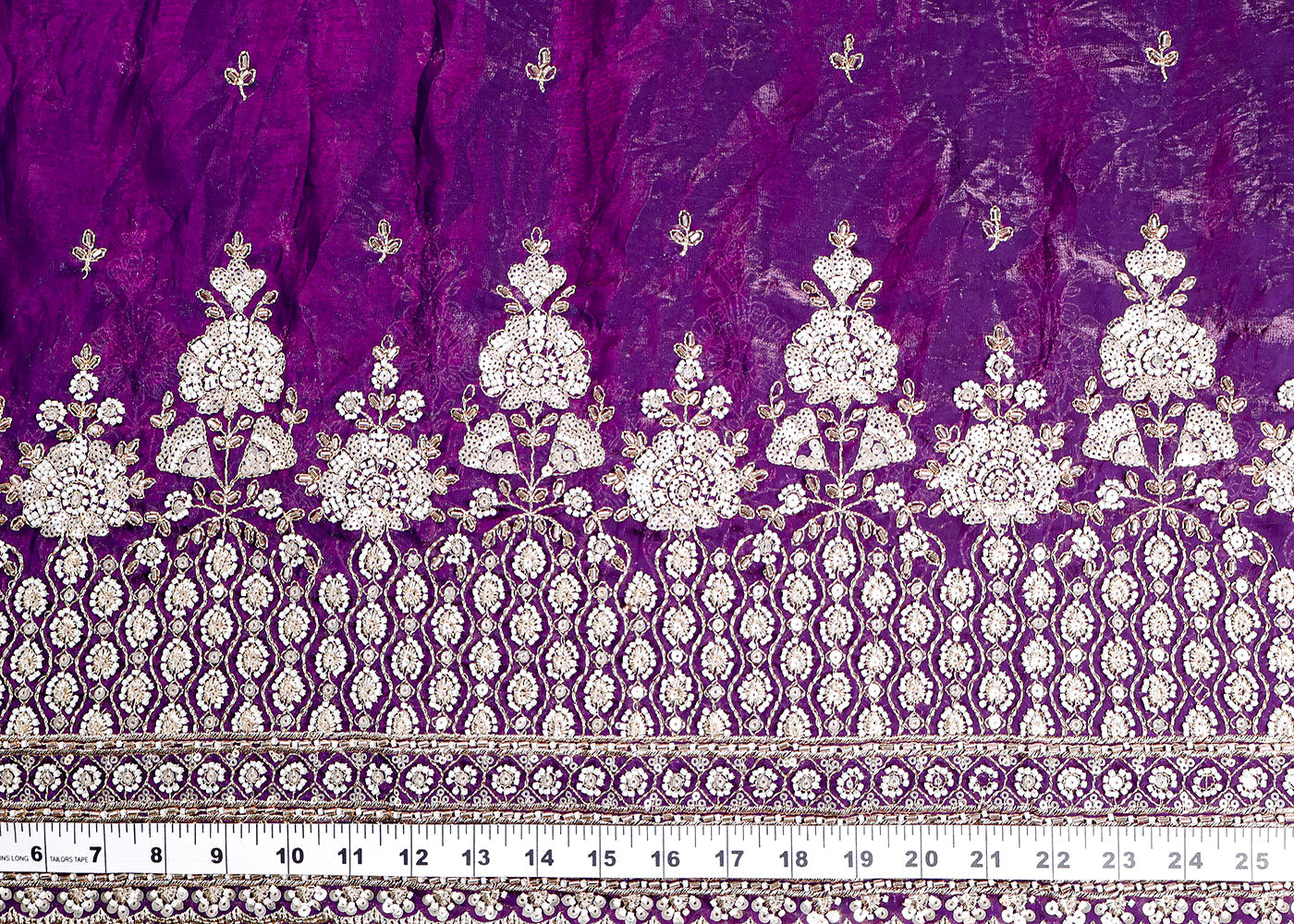 Purple Diamond Silk Fabric With All Over Zari Sequins, Katdana And Bead Work With One Side Scalloped Border 16435