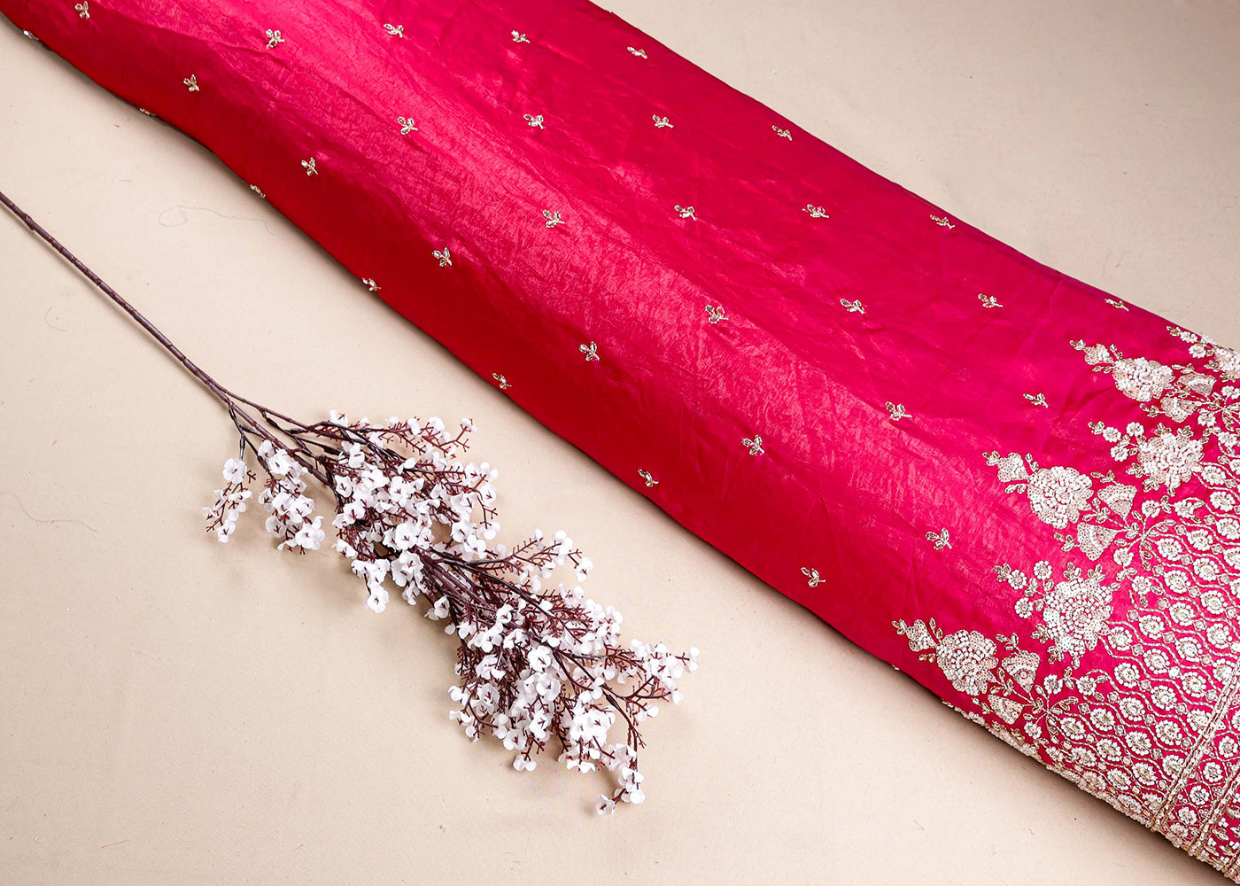 Rani Diamond Silk Fabric With All Over Zari Sequins, Katdana And Bead Work With One Side Scalloped Border 16436