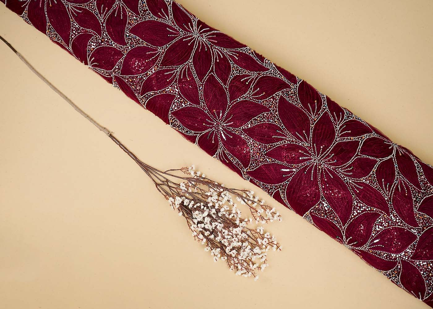 Maroon Imported Net Fabric With All Over Bead And Sequins Work 16437