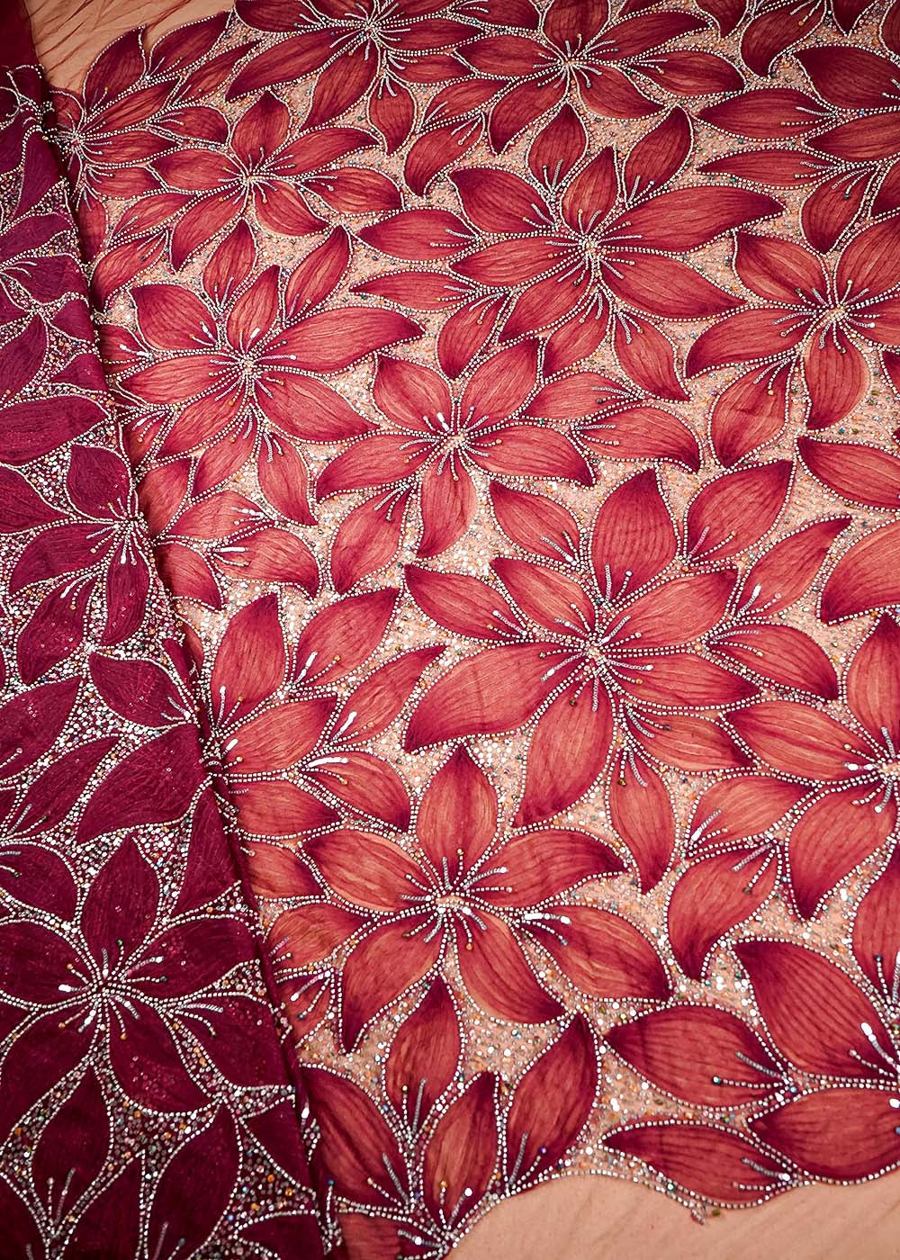 Maroon Imported Net Fabric With All Over Bead And Sequins Work 16437