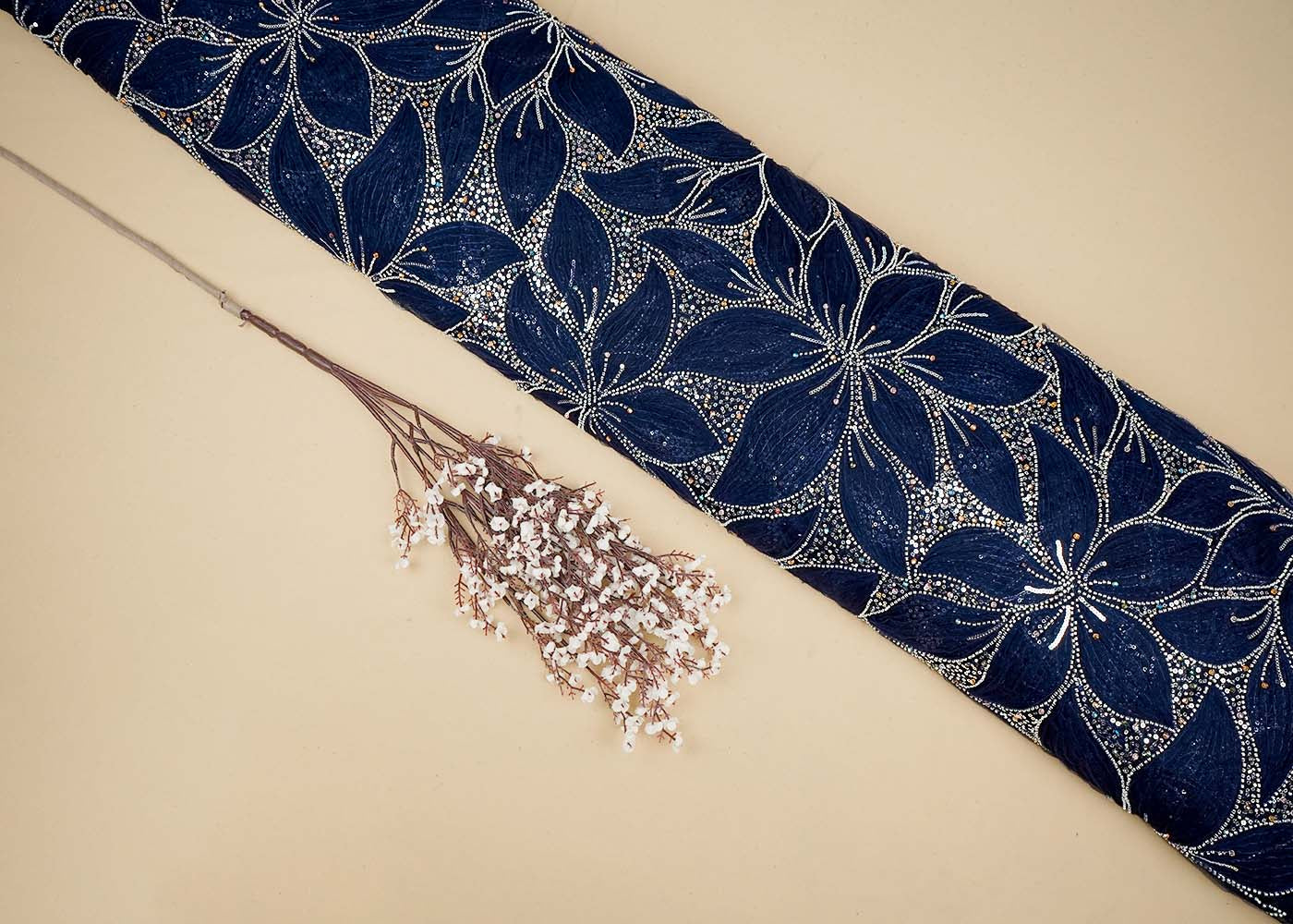 Navy Blue Net Fabric With All Over Bead And Sequins Work 16438