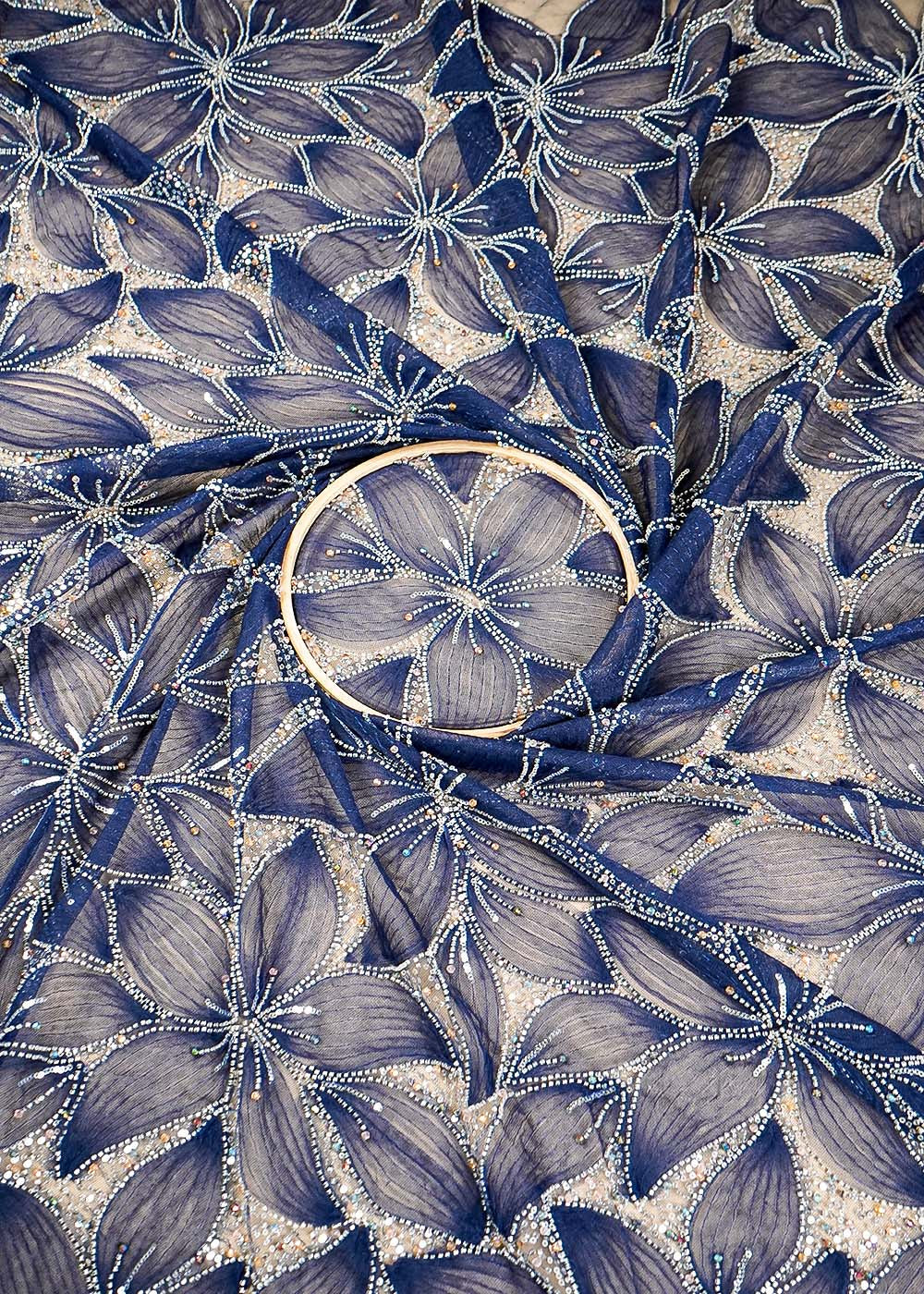 Navy Blue Net Fabric With All Over Bead And Sequins Work 16438