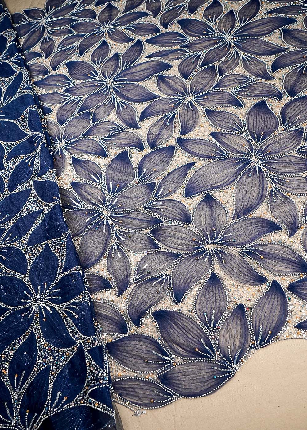 Navy Blue Net Fabric With All Over Bead And Sequins Work 16438
