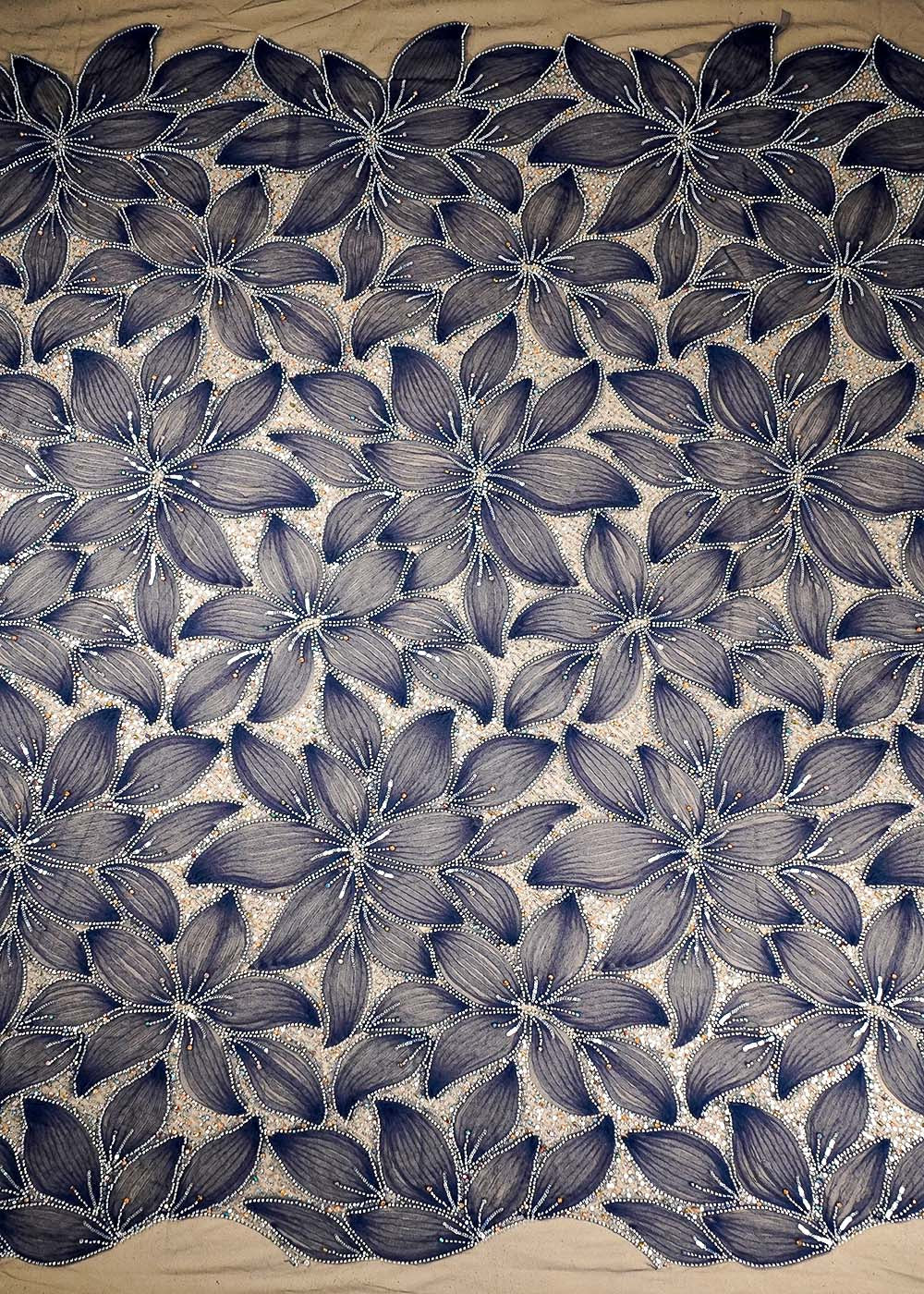 Navy Blue Net Fabric With All Over Bead And Sequins Work 16438
