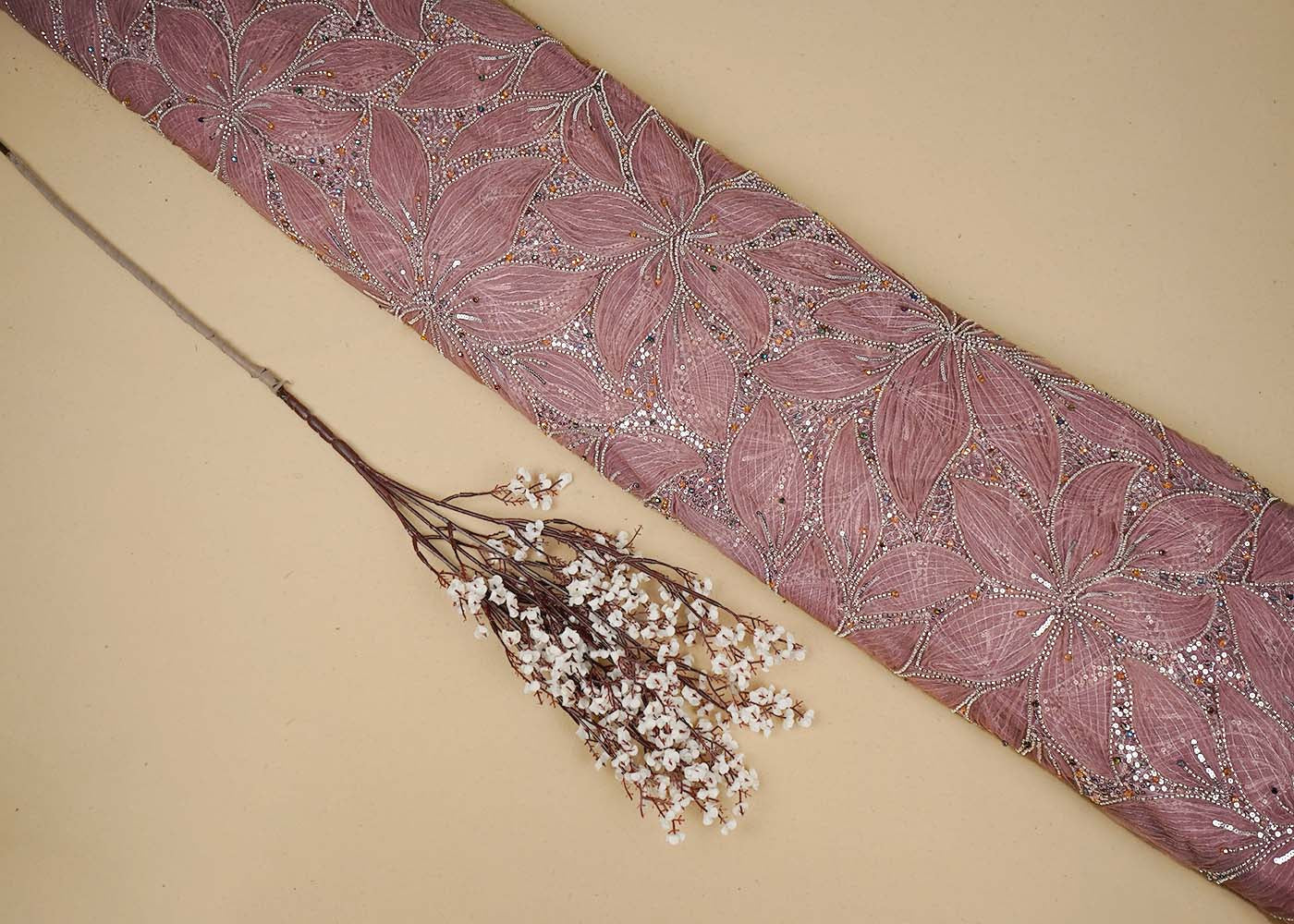 Blush Pink Imported Net Fabric With All Over Bead And Sequins Work 16439