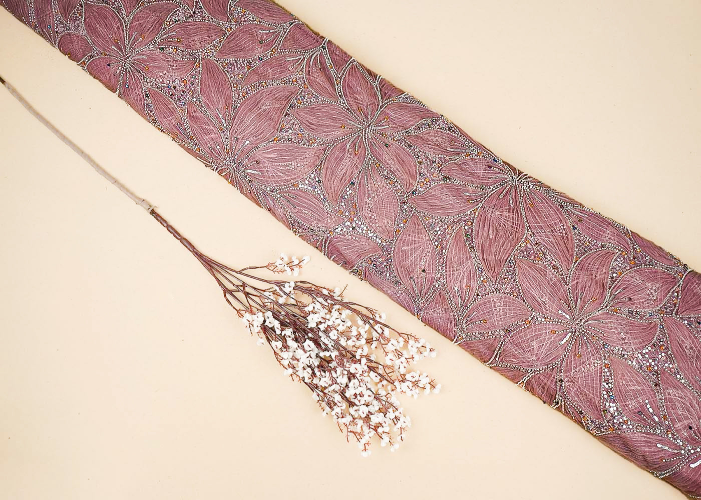 Blush Pink Imported Net Fabric With All Over Bead And Sequins Work 16439