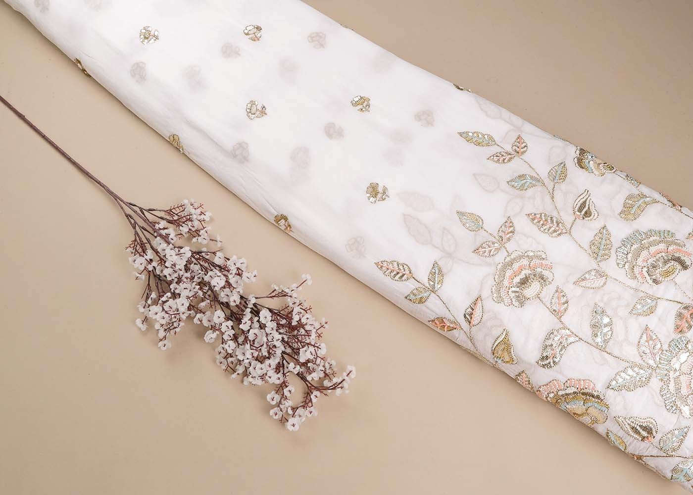 White Georgette Fabric With All Over Thread, Katdana And Sequins Buti With One Side Scalloped Border 16440